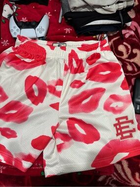 Eric Emanuel White Athletic Shorts with Red Lip Print